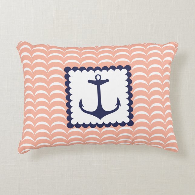 Seemarine-Blau-Anker-korallenrote Rosa-Wellen Zierkissen (Vorderseite)