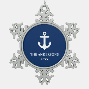 Seemarine-Blau-Anker-Namen-Jahr S Schneeflocken Zinn-Ornament