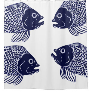 Seemarine-Blau-Fisch-Köpfe u. Weiß Duschvorhang