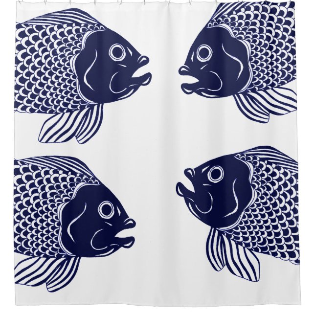 Seemarine-Blau-Fisch-Köpfe u. Weiß Duschvorhang (Vorderseite)