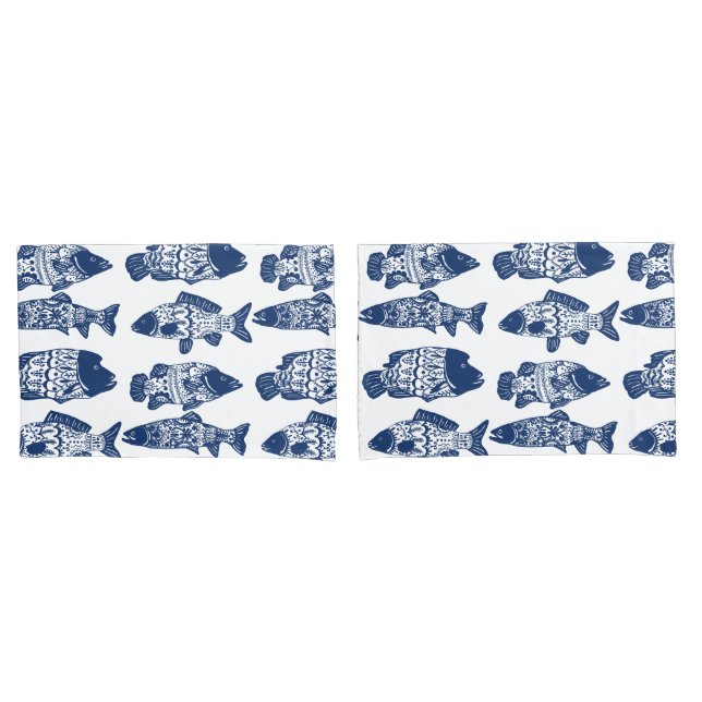 Seemarine-Blau-gemusterte mit Blumenfische Kissenbezug (Vorderseite-Set)
