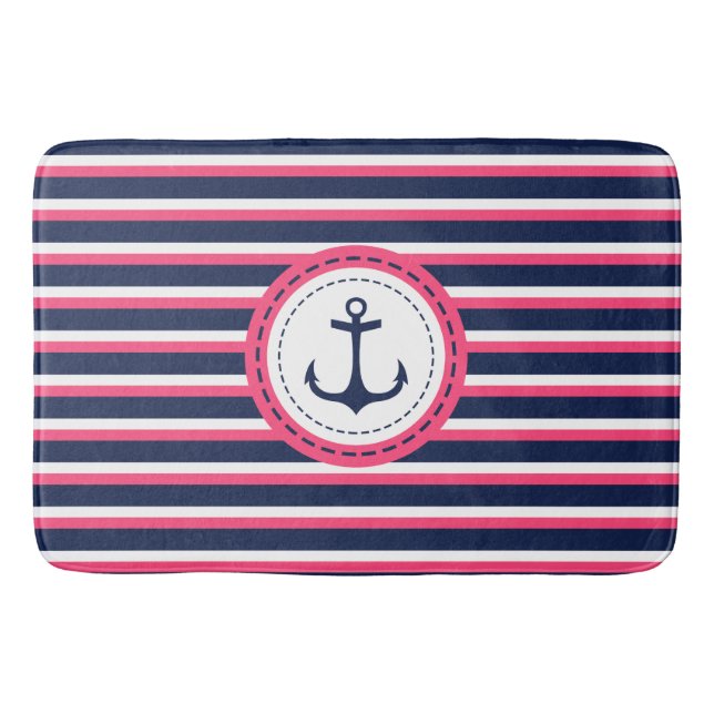 Seemarine-Blau-Pink-Streifen-Anker-Entwurf Badematte (Vorderseite)
