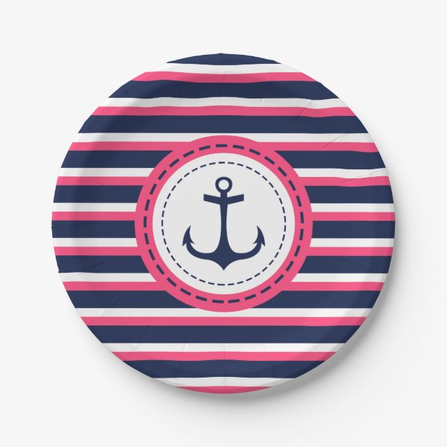 Seemarine-Blau-Pink-Streifen-Anker-Entwurf Pappteller (Vorderseite)