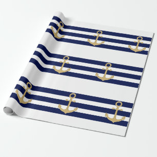 Seemarine-Blau-Weiß Stripes Goldanker Geschenkpapier