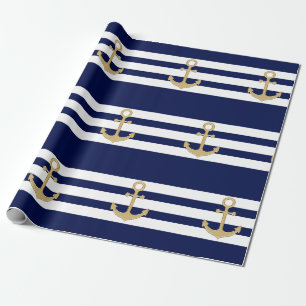 Seemarine-Blau-Weiß Stripes Goldanker Geschenkpapier