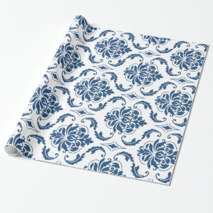 Seemarine-Blau-weißes Vintages Damast-Muster Geschenkpapier