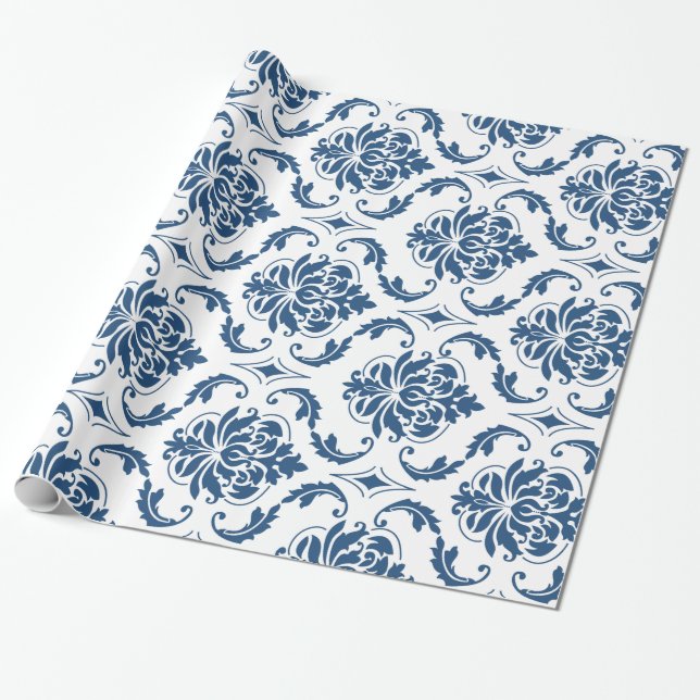 Seemarine-Blau-weißes Vintages Damast-Muster Geschenkpapier (Ungerollt)