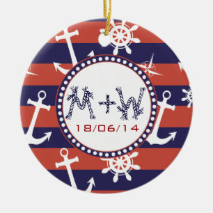 Seemarineblau- und -ROTstreifen Save the Date Keramik Ornament