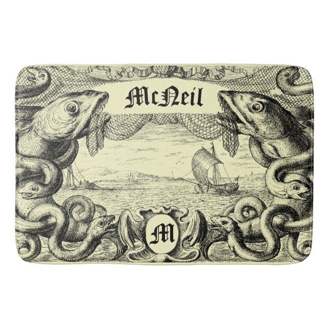 Seemonster Nautic Steampunk Cartouche Badematte (Vorderseite)