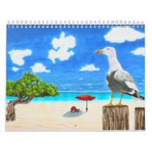 Seemöwe auf einem sonnigen Strand unter Kalender