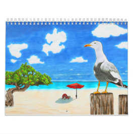 Seemöwe auf einem sonnigen Strand unter Kalender