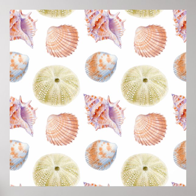 Seenahtloser Teil von Muscheln. Wasserfarbe Poster (Vorne)