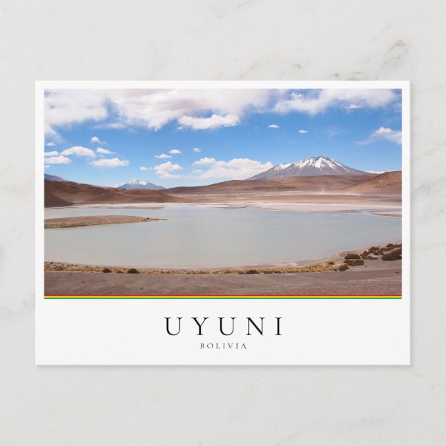 Seenlandschaft mit Vulkan nahe Uyuni, Bolivien Postkarte (Vorderseite)