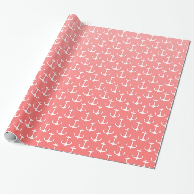 SeeOmbre korallenrotes rosa weißes Anker-Muster Geschenkpapier (Ungerollt)