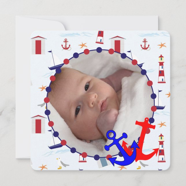Seepersonalisierte Fotomitteilung des babyjungen Einladung (Vorderseite)