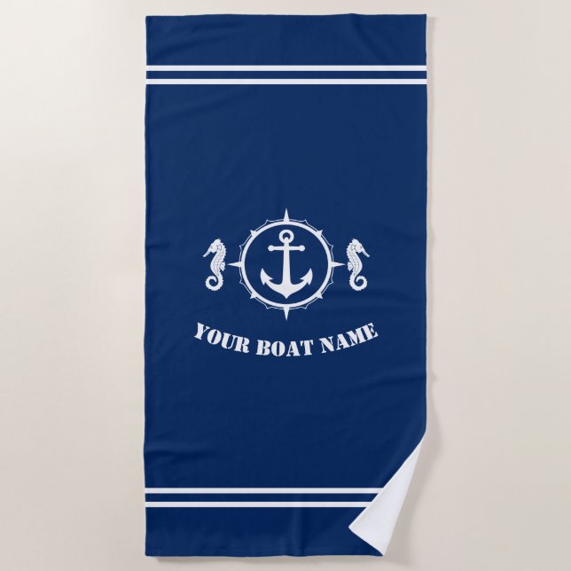 Seepferd Anker mit Schiffsname auf Navy Blue Strandtuch (Vorderseite)