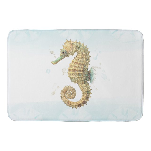 Seepferd Aquamarin & Gold Küstenstrand Badematte (Vorderseite)