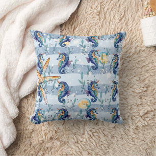 Seepferd Aquarell Blue Print Kissen