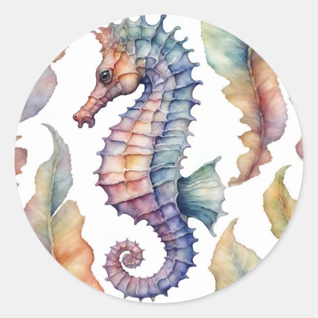 Seepferd Aquarellfarben Küstendekoration Runder Aufkleber (Vorderseite)