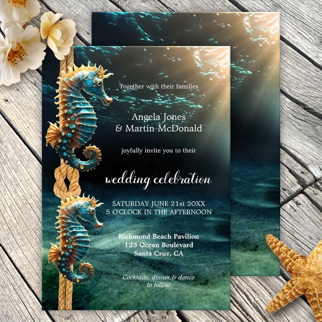 Seepferd Aquarium Seefahrt Hochzeit Einladung (Wedding invitation featuring two seahorses with a knot in a rope in a sparkling underwater world)