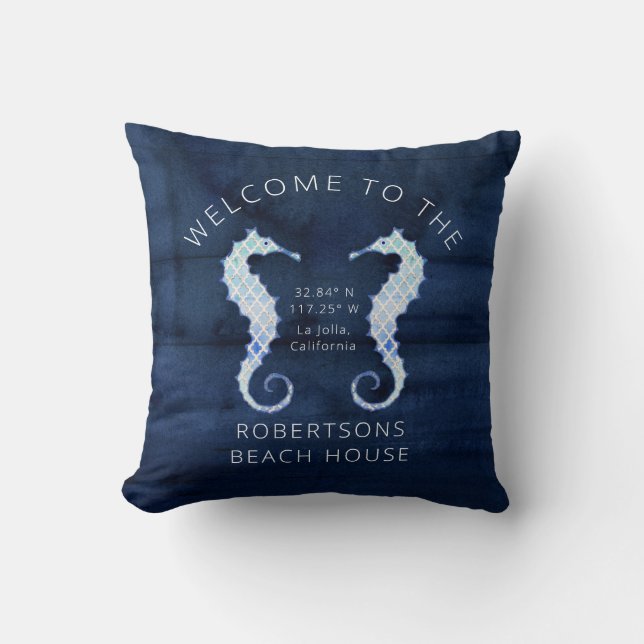 Seepferd Beach Navy Wasserfarbe Arabeske Muster Kissen (Vorderseite)