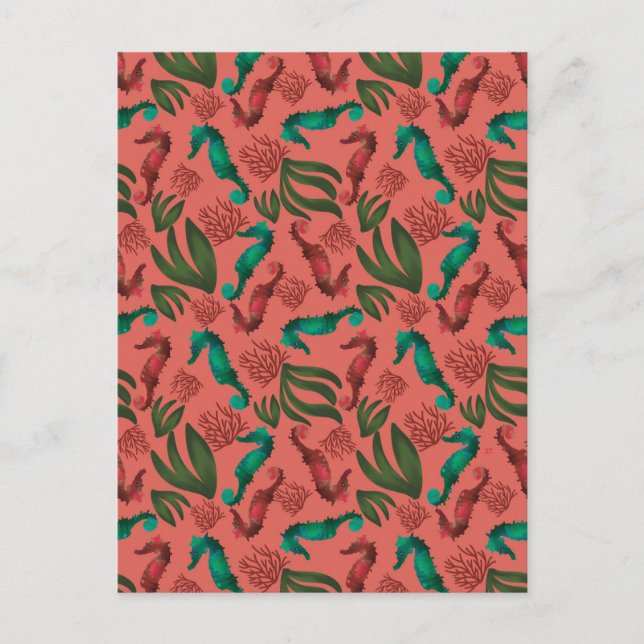 Seepferd Coral Nautic Muster Postkarte (Vorderseite)