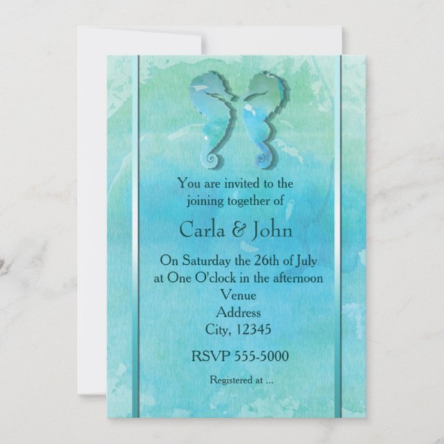 Seepferd Couple Watercolor Beach Hochzeit Einladun Einladung (Vorderseite)
