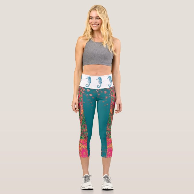Seepferd Deep Sea Marine Leben Abstrakte Kunst Capri Leggings (Vorderseite)