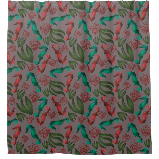 Seepferd Grau nautisches Muster Duschvorhang (Vorderseite)