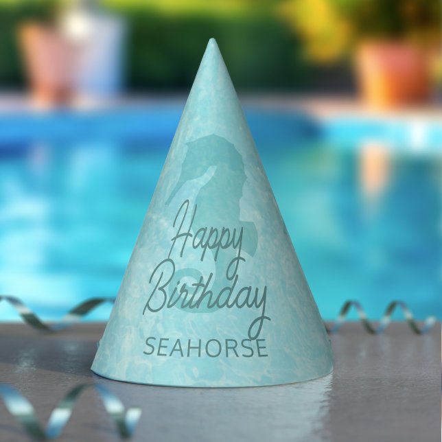 Seepferd Happy Birthday Pool Party Hat Partyhütchen (Happy Birthday Seahorse! Perfect paper hat for your pool party. Just add your name)