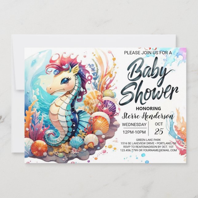 Seepferd Kisses Watercolor Babydusche Einladung (Vorderseite)