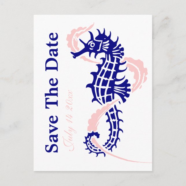 Seepferd marineblau, rosa Hochzeit Save the Date Ankündigungspostkarte (Vorderseite)