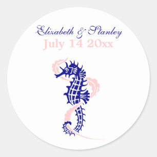 Seepferd marineblau, rosa Hochzeit Save the Date Runder Aufkleber