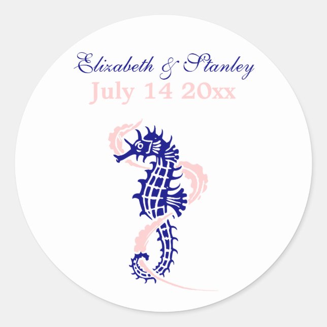 Seepferd marineblau, rosa Hochzeit Save the Date Runder Aufkleber (Vorderseite)