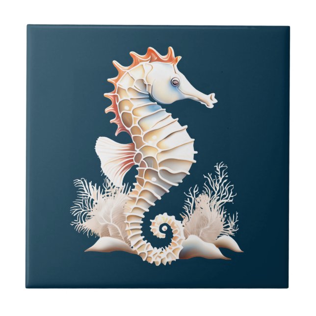 Seepferd-Meeresfisch 3D-Blau-Orange Thema Strand Fliese (Vorderseite)