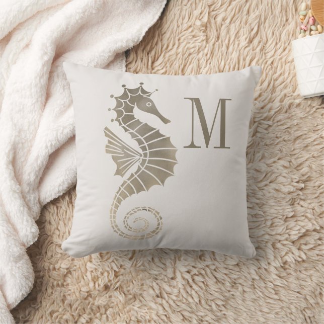 Seepferd Monogram Gold Cream Ocean Nautic Kissen (Decke)