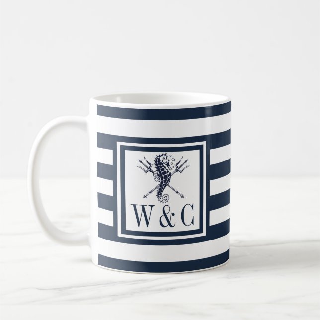 Seepferd Monogram Navy Blue Stripe Nautic Kaffeetasse (Links)