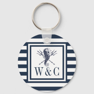 Seepferd-Monogramm Navy Blau Gestreift Nautical  Schlüsselanhänger