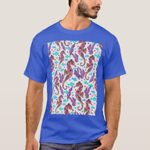 Seepferd-Muster dunkelrot Lila Turquo T-Shirt