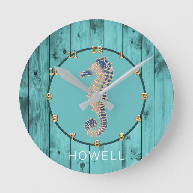 Seepferd Nautical Coastal Beach House Individuelle Runde Wanduhr (Vorderseite)