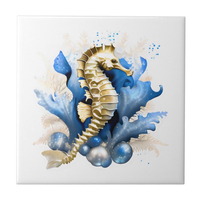 Seepferd nautischer Ozeanfisch Blaue Goldfantasie Fliese (Vorderseite)