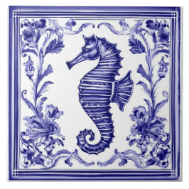 Seepferd Navy Blue and White Sea Beach House Fliese