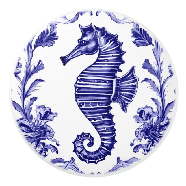 Seepferd Navy Blue and White Sea Beach House Keramikknauf (Vorderseite)
