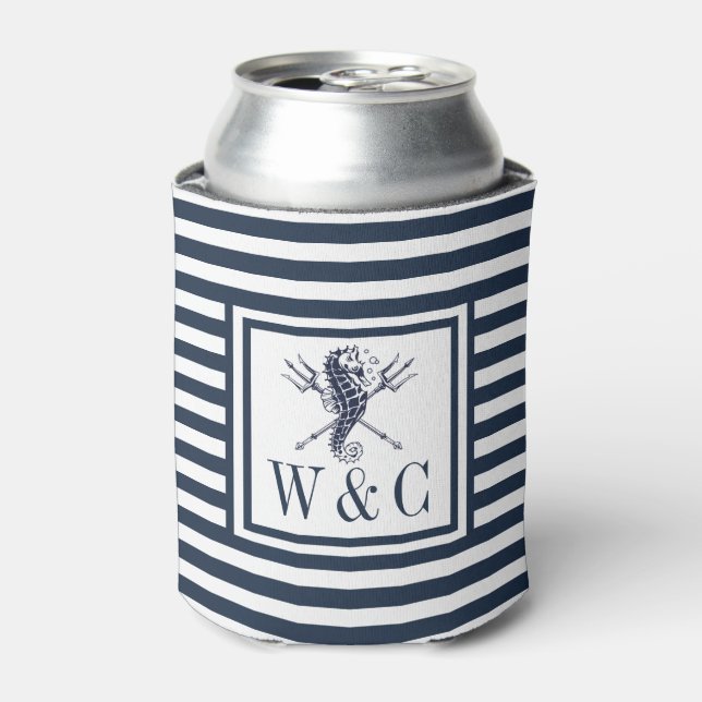 Seepferd Navy Blue Strip Nautic Monogram kann Co Dosenkühler (Kanne Vorderseite)
