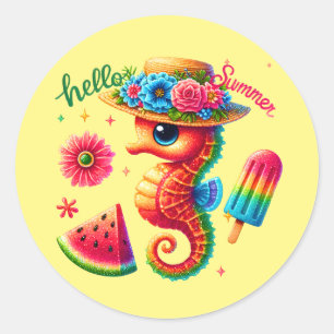 Seepferd "niedlich hello Sommer" Runder Aufkleber