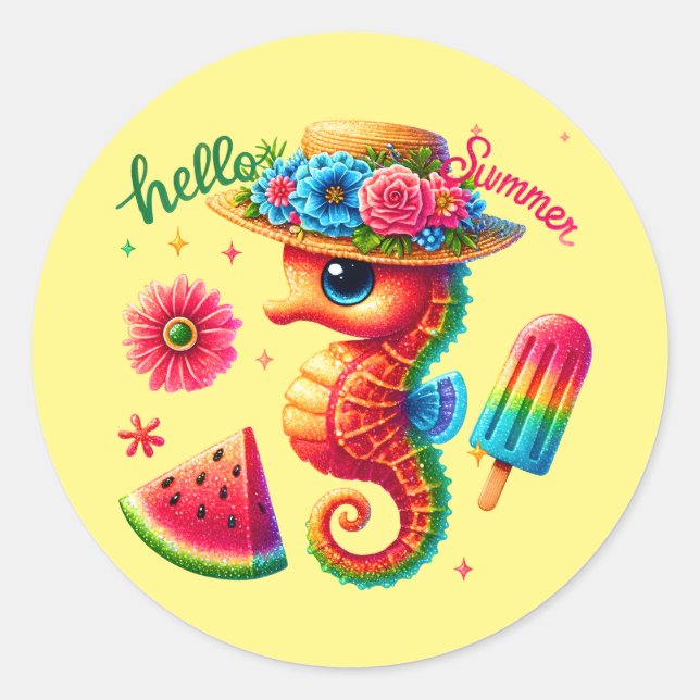Seepferd "niedlich hello Sommer" Runder Aufkleber (Vorderseite)