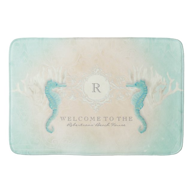 Seepferd Ocean Sand Aqua Blue Tan Badematte (Vorderseite)