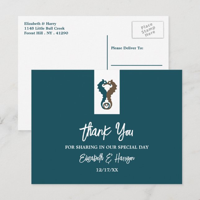 Seepferd Romance, Beach Wedding Danke Postkarte (Vorne/Hinten)