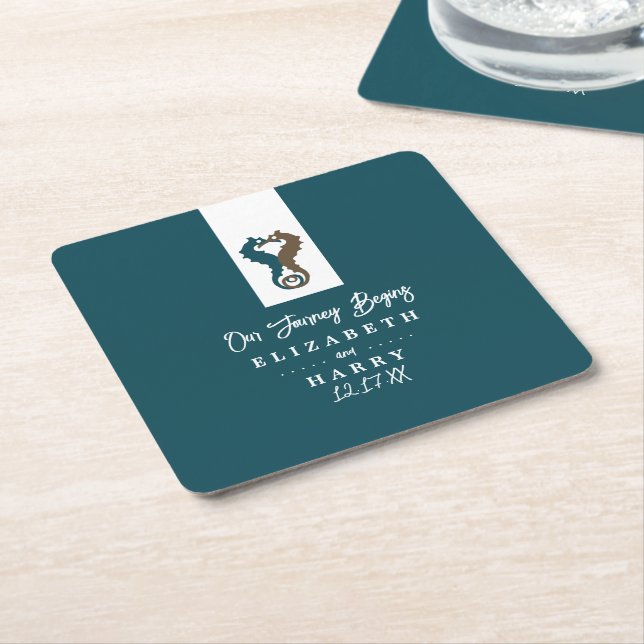 Seepferd Romance, Beach Wedding Rechteckiger Pappuntersetzer (angewinkelt)