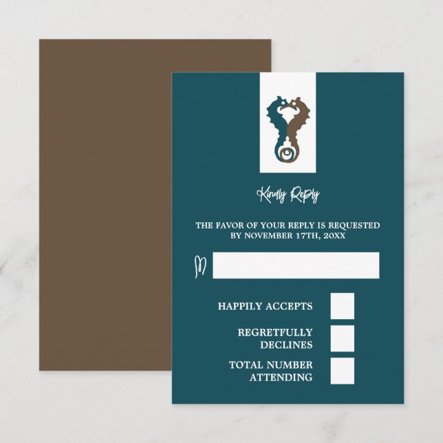 Seepferd Romance, Beach Wedding RSVP Karte (Vorne/Hinten)